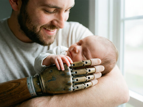 Happy father with robotic prosthetic hand holding sleeping baby smiling dad parenting disability inclusion family home lifestyle cute newborn care artificial limb love bonding tenderness fatherhood 