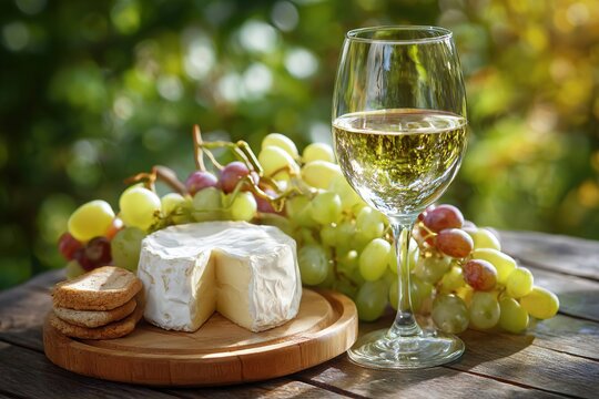 Fresh cheese on wooden board accompanied by white wine glass and assorted grapes, creating a delightful outdoor dining experience with natural sunlight ambiance