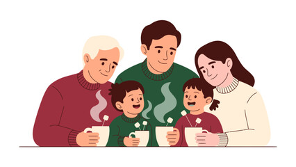 Cozy Family Bonding: An heartwarming illustration showcases a multigenerational family, gathered together, enjoying hot beverages, exuding warmth and togetherness.