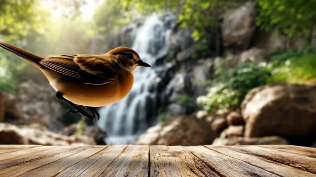 Beautiful bird explores a tranquil forest near a stunning waterfall - Powered by Adobe