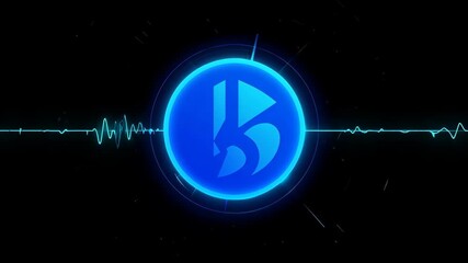 Glowing blue circle with a symbol inside, pulsing lines on black background