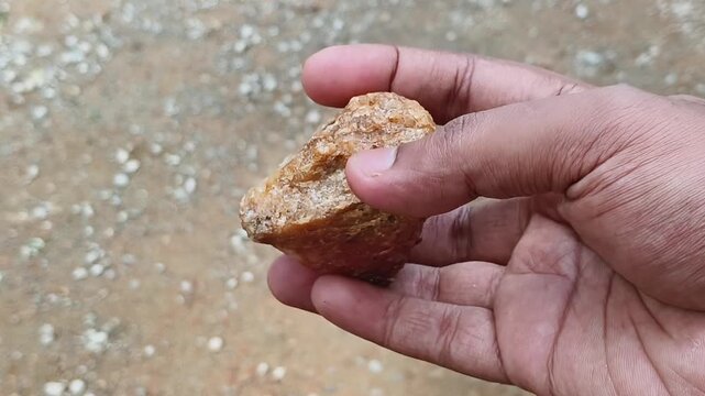 Hand holding and examine rare natural unpolished translucent, glassy and waxy stone or rock with yellow and red colour texture. Petrology, geology and lithology study concept. Closeup top view.