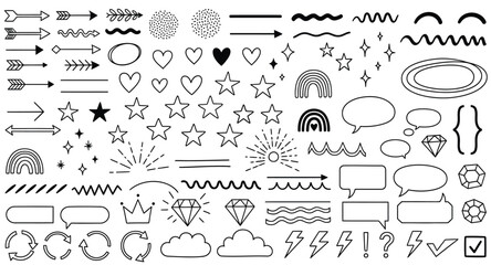 Collection of hand drawn black and white doodle elements and icons arrow heart