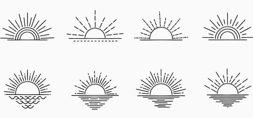 Eight minimalist black line art sunburst icons over horizon lines sunrise sunset © MstShamima