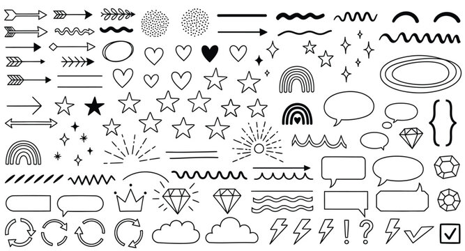 Collection of hand drawn black and white doodle elements and icons arrow heart