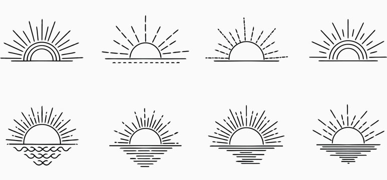 Eight minimalist black line art sunburst icons over horizon lines sunrise sunset