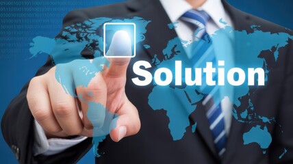 Global Solution: A person in a formal suit, with a confident gesture, indicates a solution on an illuminated digital interface, highlighting the global connection with the world map behind.