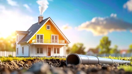 Vibrant new home with essential underground infrastructure, symbolizing modern living and property development on a bright, sunny day with a serene suburban backdrop