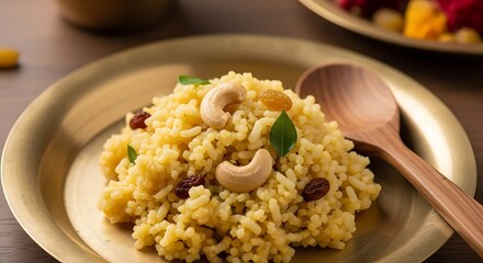 Delectable golden sweet rice dish, traditionally prepared with cashews and raisins, ideal for festive celebrations and comforting meals, presented on an elegant brass plate