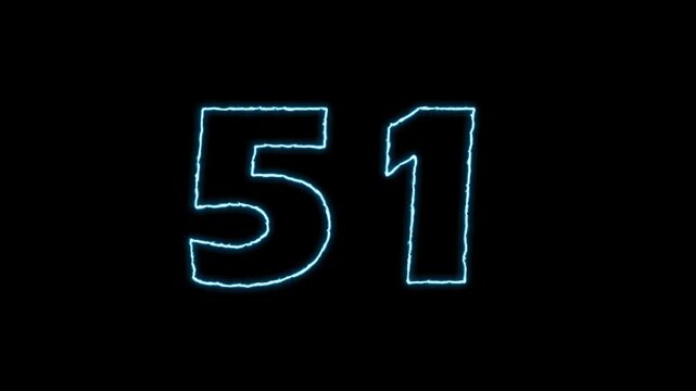 Neon Number 51 Animation on Black Background, Glowing Blue 51 Digit Outline Effect,  Futuristic Blue Neon 51 Animation.