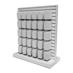 Slatwall retail display filled with multiple hanging product packages mockup. Merchandise boxes arranged neatly on peg hooks. Supermarket Promotional Display. PDQ Display. 3D Render Illustration.
