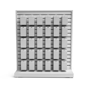 Slatwall retail display filled with multiple hanging product packages mockup. Merchandise boxes arranged neatly on peg hooks. Supermarket Promotional Display. PDQ Display. 3D Render Illustration.