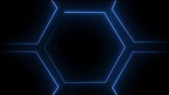 glowing neon light hexagon frame animated on black background. Seamless loop. 4K animation.