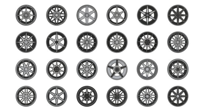 24 car wheel rims arranged in a 4x6 grid showcasing different spoke designs against a white background