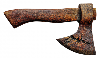 Top-down view of an ancient rusty axe with chipped blade, isolated on transparent background, archaeological artifact, photorealistic lighting