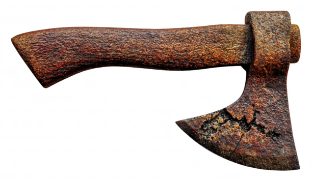 Top-down view of an ancient rusty axe with chipped blade, isolated on transparent background, archaeological artifact, photorealistic lighting