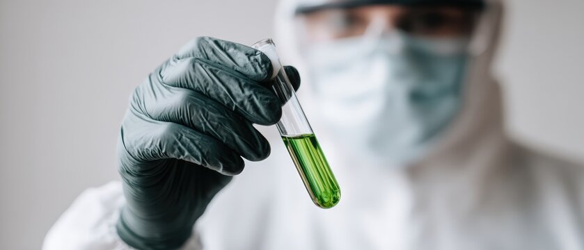 A scientist in protective gear holds a test tube filled with green liquid, symbolizing research and experimentation, Ideal for use in academic, medical, and laboratory-focused materials,