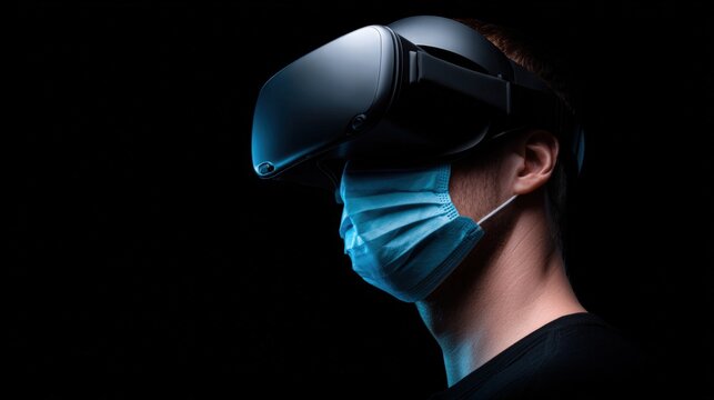 A person wearing a virtual reality headset and a mask, depicted in a dark setting, This image can be used for topics related to technology, gaming, healthcare