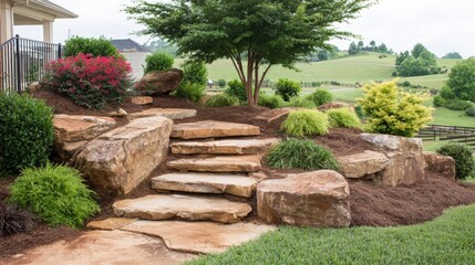 Obraz premium A beautifully landscaped garden features stone steps leading through vibrant greenery and colorful bushes, perfect for home improvement projects, landscaping ideas, or outdoor living inspiration,