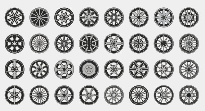 A grid of 32 outlined stylized car wheels arranged in four rows