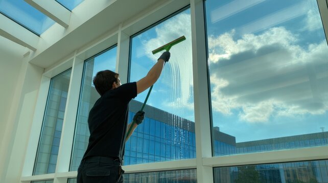 Window Washing with a View: A professional window cleaner diligently works, cleaning a large window with a squeegee, showcasing the reflection of the sky, demonstrating the art of window cleaning.