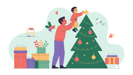 Holiday Harmony: A tender moment as a father and child decorate the tree, symbolizing togetherness and the magic of the holiday season.