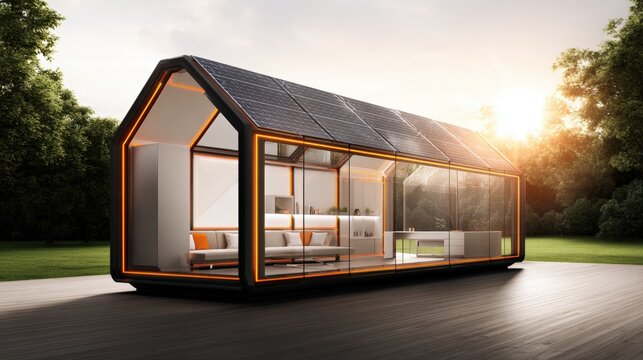 A modern, eco-friendly house featuring large glass walls and solar panels, surrounded by nature, Ideal for real estate, architecture, or sustainability projects,