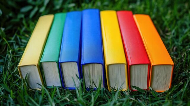 Video A collection of colorful books sits atop a lush green field, perfect for a whimsical or educational setting