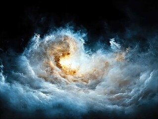 A dramatic, swirling vortex of light and clouds, reminiscent of a nebula or galaxy, set against a dark background.