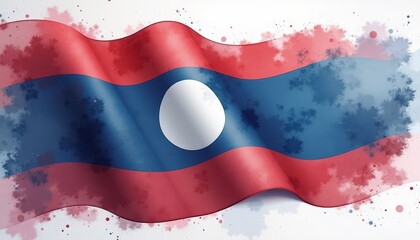 Laotian flag banner in wavy motion. Watercolor style illustration. Paintbrush form or spilled paint form on light background. Flag of Laos. Flag day celebration, national day, patriotism concept