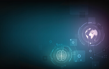 Futuristic technology background with digital brain circuit.Global network map.HUD Interface elements