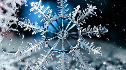 Close-up view of a detailed snowflake with intricate crystalline patterns and icy structures on a dark background