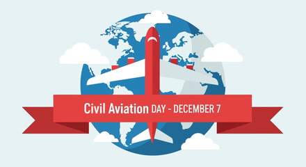 International Civil Aviation Day December 7th Airplane Travel Globe Illustration