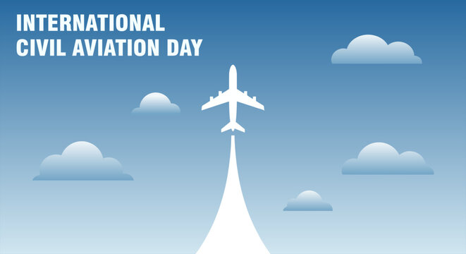 International Civil Aviation Day Graphic Airplane Taking Off Against Blue Sky with Clouds