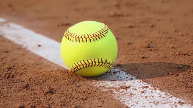 Bright yellow softball resting on infield dirt next to a white chalk line