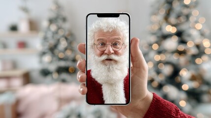 Hand holding smartphone displaying cheerful Santa Claus with white beard and glasses, surrounded by festive Christmas trees and warm holiday lights, capturing the spirit of the season