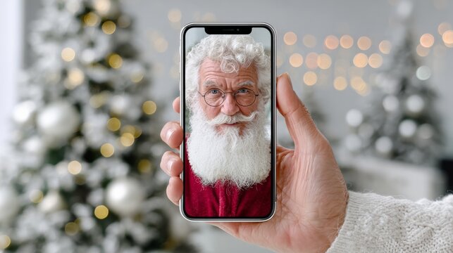 Hand holding smartphone displaying cheerful elderly man with white beard and glasses, surrounded by festive Christmas tree and warm holiday lights, capturing joyful holiday spirit and connection - Powered by Adobe