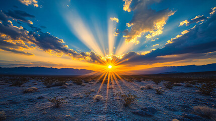 Stunning desert landscape at sunset with vibrant golden sun rays and dramatic clouds