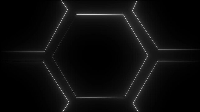 glowing neon light hexagon frame animated on black background. Seamless loop. 4K animation.