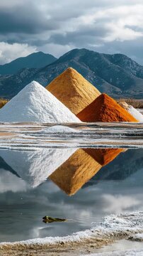 Colorful Salt Piles Reflecting in Water with Mountains Background and a Frog Swimming, Salinas de Galerazamba, Colombia