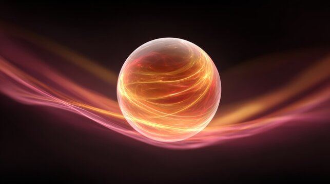 Abstract glowing sphere with swirling light trails in vibrant colors, creating a dynamic visual effect against a dark background, representing energy and motion in a captivating design
