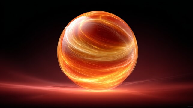 Abstract glowing sphere with swirling orange and yellow light trails, set against a dark background, creating a vibrant and dynamic visual effect, ideal for modern design concepts and digital art