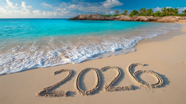 Sandy beach with gentle waves lapping at shore, featuring the year 2026 written in the sand, capturing a serene coastal atmosphere and inviting future memories