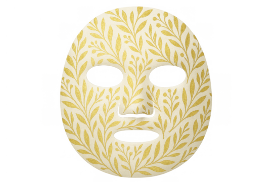 Facial sheet mask with golden leaves pattern illustrating organic skincare and beauty treatment, transparent background