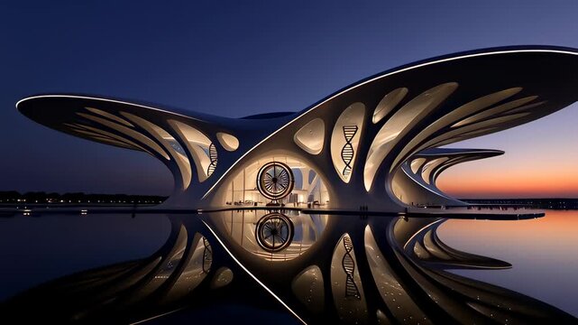 Futuristic white science museum architecture featuring illuminated DNA helix columns and a central gyroscope sculpture reflected in dark water at twilight, symbolizing innovation and discovery