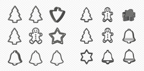 Christmas cookie cutters in the shape of trees, gingerbread men, stars, and bells.