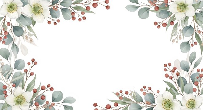Elegant watercolor floral frame with white hellebores, eucalyptus leaves, and red berries on a white background, perfect for invitations and greeting cards.