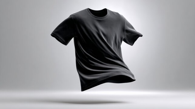 Black t-shirt floating in mid-air against a soft gray background, showcasing its smooth texture and modern design, ideal for fashion mock up and promotional material