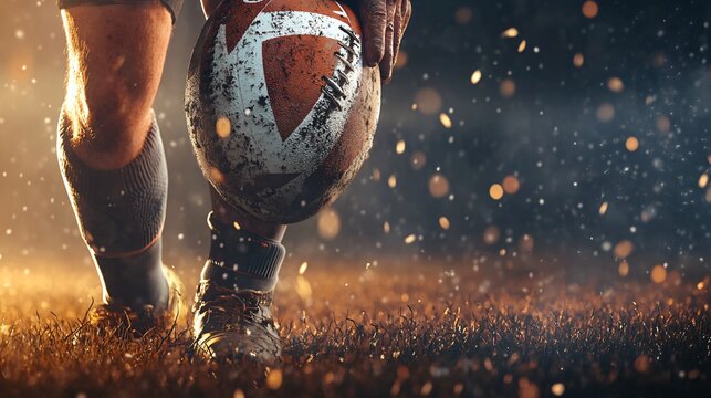 Rugby player with ball on detailed field