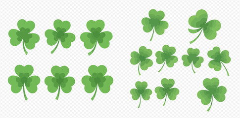 A collection of watercolor shamrocks, symbols of Irish heritage and St. Patrick's Day.